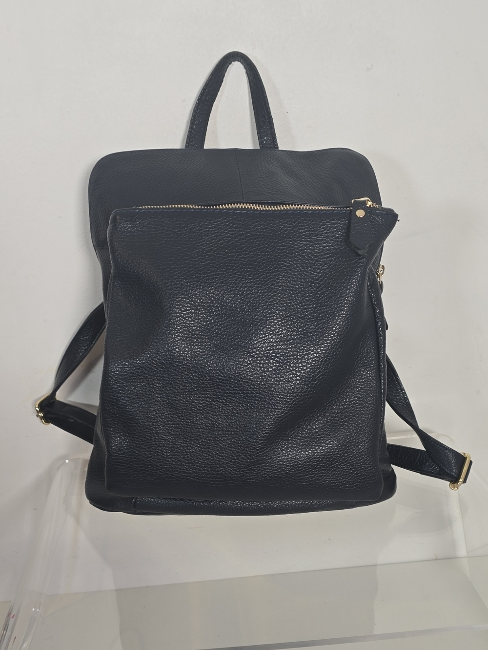 L.CREDI Convertible Black Leather Backpack with Front Zip Pocket